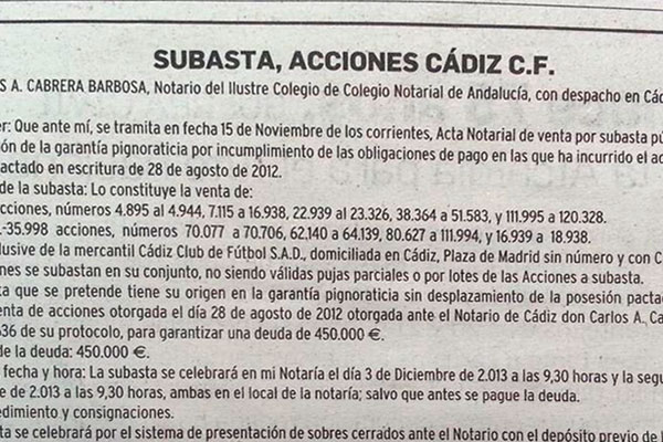 Anuncio oficial de la subasta de acciones del Cádiz CF publicado en Diario de Cádiz