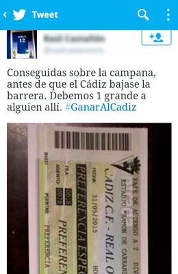 Twitter de seguidor ovetense con entrada del Cádiz CF / Twitter