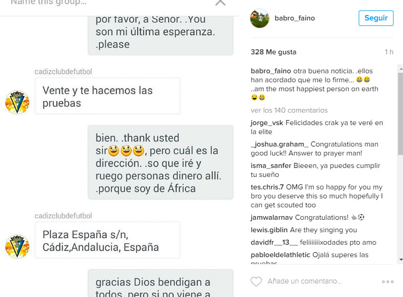 Captura de pantalla publicada por Babro Faiño de su conversación con el Cádiz CF