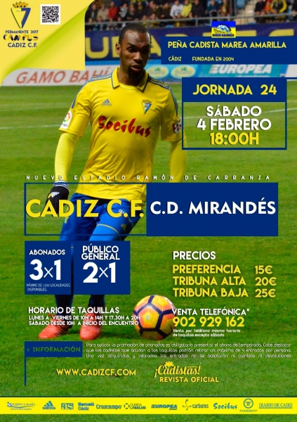 Cartel del Cádiz CF - CD Mirandés, dedicado a la Peña Cadista Marea Amarilla / cadizcf.com