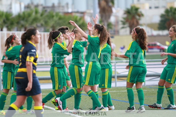 Las cadistas celebran uno de los goles al Campo Aviación Loreto. / Imagen: Trekant Media